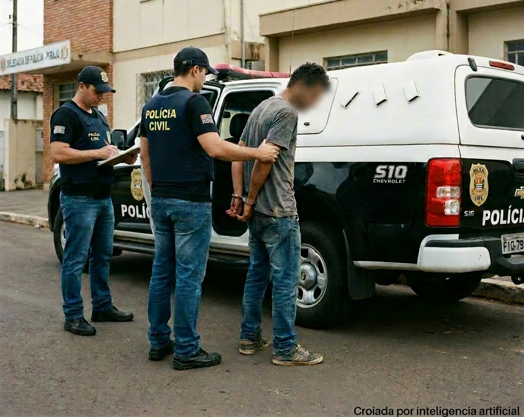 Civil police officers handcuffing a man next to a police car with 'Força e Honra' text